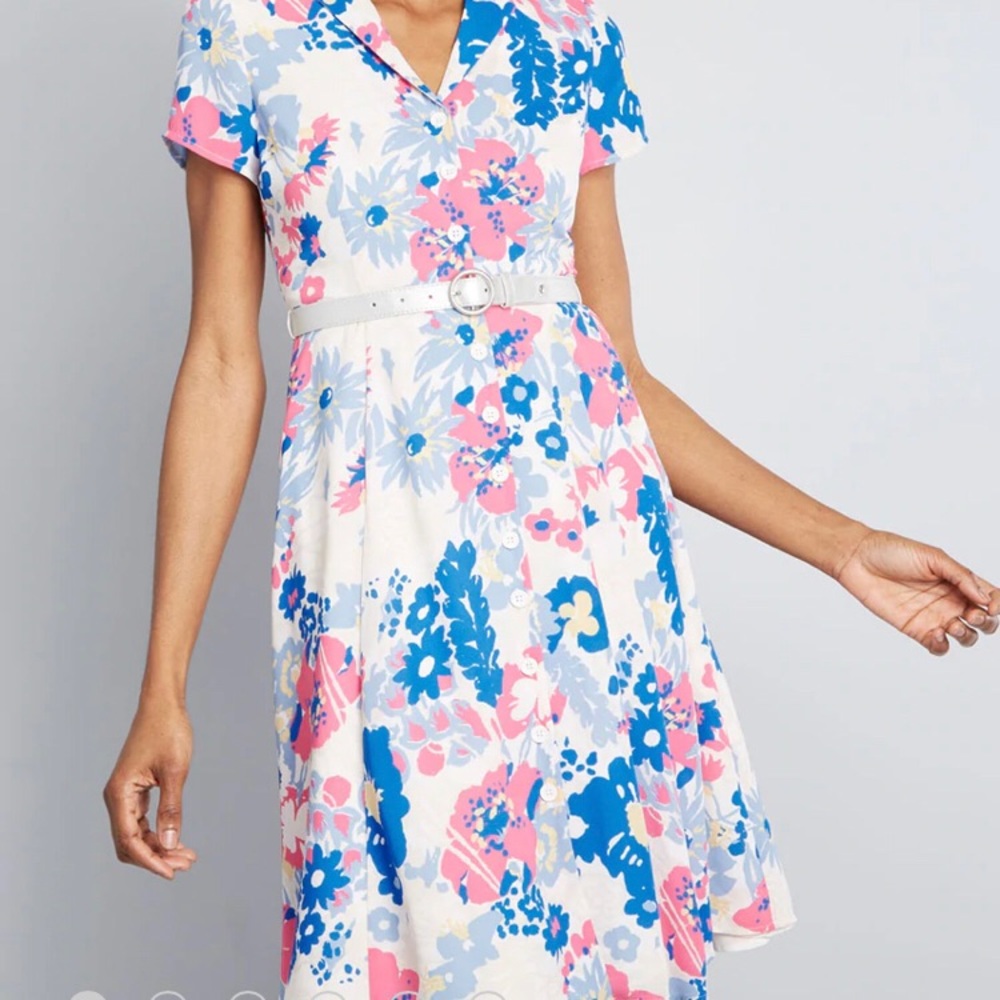 ModCloth Exciting Find Short Sleeve Shirt Dress Cream Blue Pink Floral Small NWT